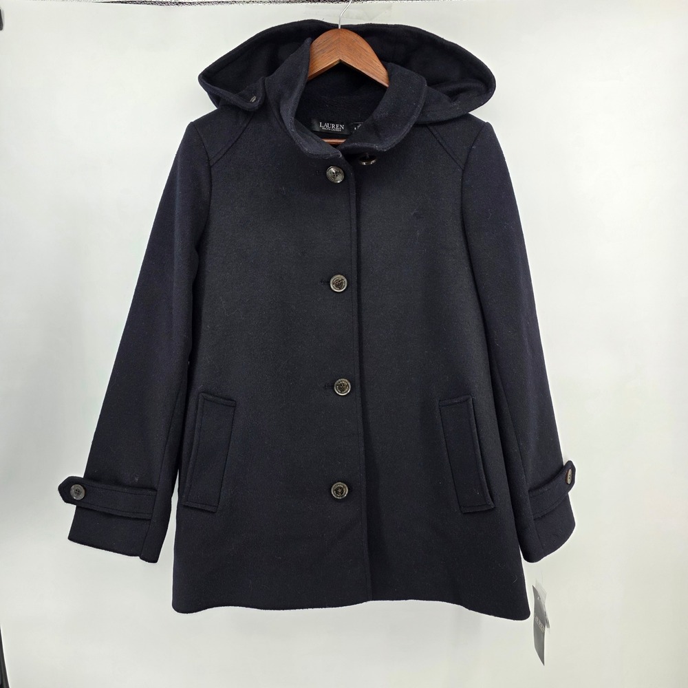 Lauren Ralph Lauren sz‎ 8 Aline Wool Blend Removable Hood Coat Regal Navy Blue - Picture 2 of 14
